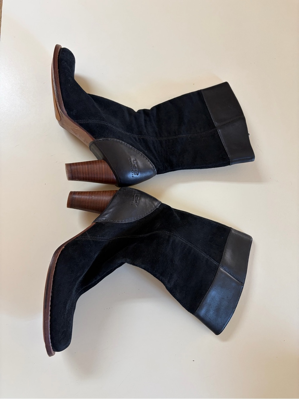 UGG Black Suede & Leather Mid-Calf Heeled Boots